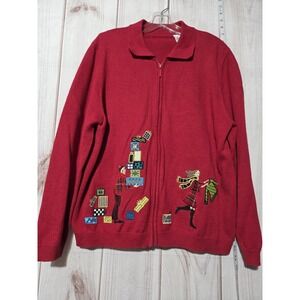 Christmas Sweater Womens XL Red Zip Up Embroidered Presents Holiday Winter Scene